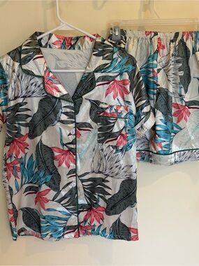 Silky Floral Short Pajama Set - White with Teal & Coral